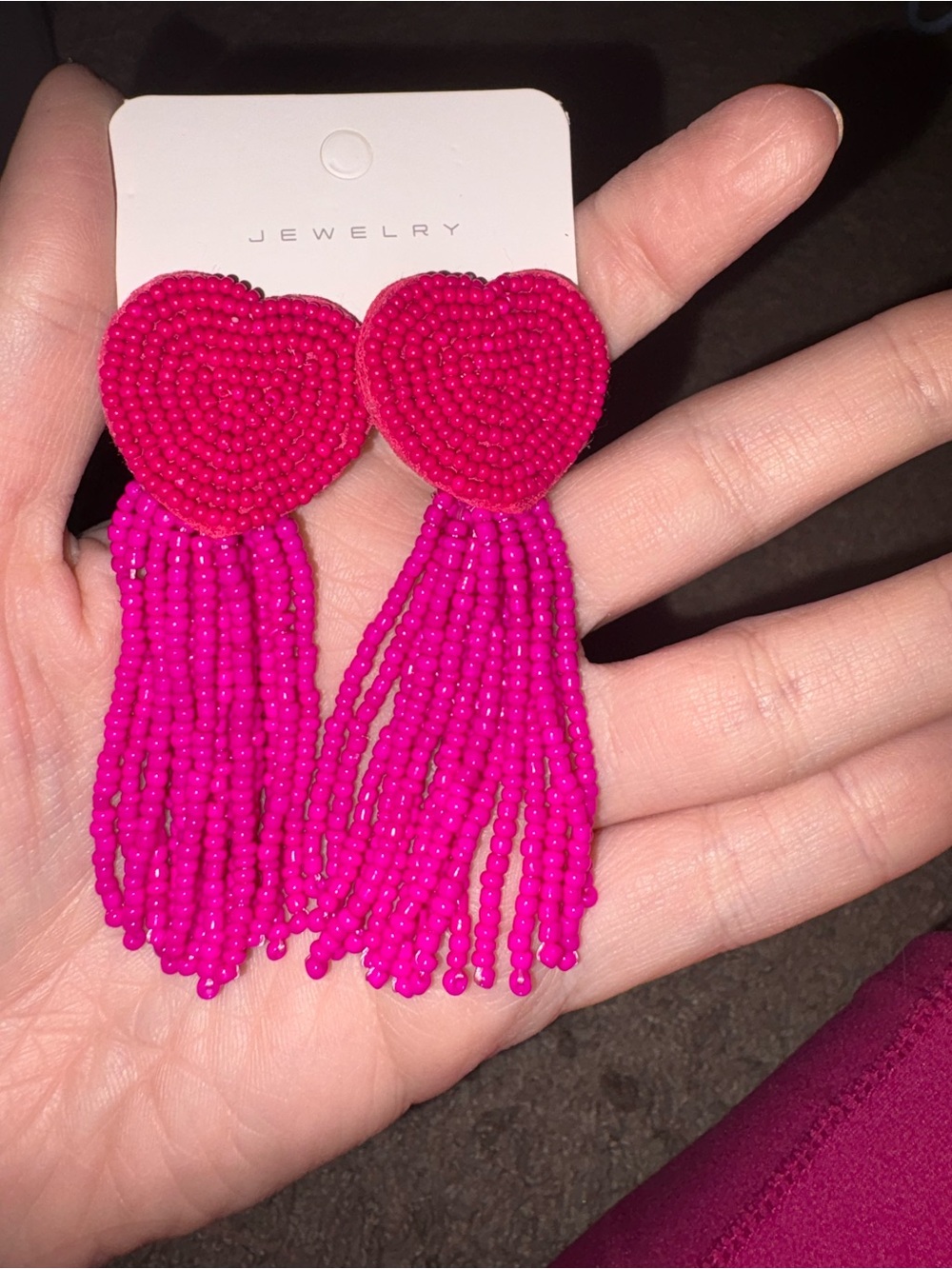 Heart Tassel Beaded Drop Earrings - Hot Pink - Jewelry